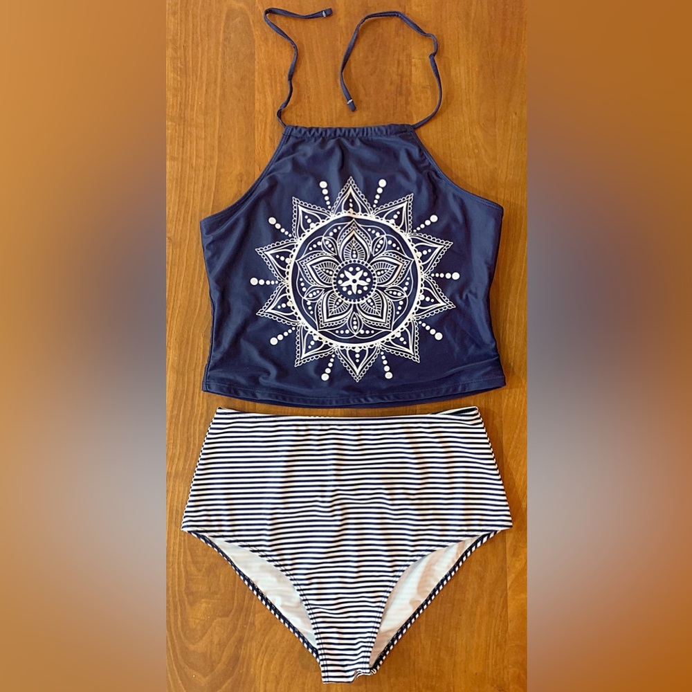 Blue and white mandala tankini swimsuit - Size XL